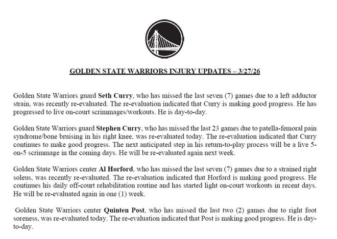 勇士核心库里伤情向好或下周复出 其他球员康复